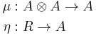 \begin{align}\mu &: A\otimes A \to A\\ \eta &: R\to A\end{align}