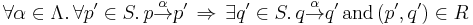 
\forall \alpha \in \Lambda. \, \forall p' \in S. \,
p \overset{\alpha}{\rightarrow} p' \, \Rightarrow \, 
\exists q' \in S. \, q \overset{\alpha}{\rightarrow} q' \,\textrm{ and }\, (p',q') \in R
