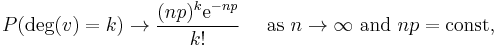 P(\operatorname{deg}(v) = k) \to \frac{(np)^k \mathrm{e}^{-np}}{k!} \quad \mbox{ as } n \to \infty \mbox{ and } np = \mathrm{const},