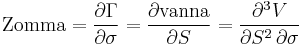 \text{Zomma} = \frac{\partial \Gamma}{\partial \sigma} = \frac{\partial \text{vanna}}{\partial S} = \frac{\partial^3 V}{\partial S^2 \, \partial \sigma}