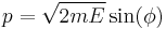 p = \sqrt{2 m E} \sin(\phi)