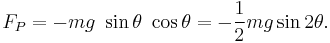  F_P = - m g \ \sin \theta \ \cos \theta = - {1 \over 2} m g \sin 2 \theta. 