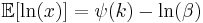 \mathbb{E}[\ln(x)] = \psi(k) - \ln(\beta)