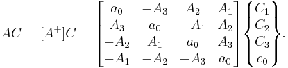  
AC = [A^%2B] C = 
\begin{bmatrix}
a_0 & -A_3 & A_2 & A_1 \\
A_3 & a_0 & -A_1 & A_2 \\
-A_2 & A_1 & a_0  & A_3 \\
-A_1 & -A_2 & -A_3 & a_0
\end{bmatrix}
\begin{Bmatrix} C_1 \\ C_2 \\ C_3 \\ c_0 \end{Bmatrix}.
