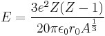 E = \frac{3 e^2 Z(Z - 1)}{20 \pi  \epsilon_{0} r_0 A^{\frac{1}{3}}}