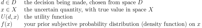 
\begin{array}{ll}
d\in D & \text{the decision being made, chosen from space } D 
\\
x\in X & \text{the uncertain quantity, with true value in space } X
\\
U(d,x) & \text{the utility function}
\\
f(x) & \text{your prior subjective probability distribution (density function) on } x
\end{array}
