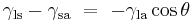 \gamma_\mathrm{ls} - \gamma_\mathrm{sa}\ =\ -\gamma_\mathrm{la} \cos \theta