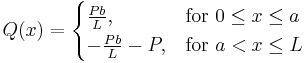 Q(x) = \begin{cases}
    \tfrac{Pb}{L}, & \mbox{for } 0 \le x \le a  \\
    -\tfrac{Pb}{L}-P, & \mbox{for } a < x \le L
    \end{cases}