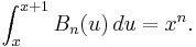 \int_x^{x%2B1} B_n(u)\,du = x^n.