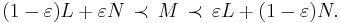 \,(1-\varepsilon)L %2B \varepsilon N\, \prec \,M \, \prec \,\varepsilon L %2B (1-\varepsilon)N.\,