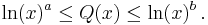 \ln(x)^a \le Q(x) \le \ln(x)^b \, .