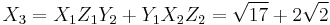 
X_3 = X_1Z_1Y_2 %2B Y_1X_2Z_2 = \sqrt{17} %2B 2\sqrt{2}
