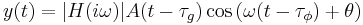  y(t) = |H(i \omega)| A(t - \tau_g) \cos \left( \omega (t - \tau_\phi) %2B \theta \right) \ 