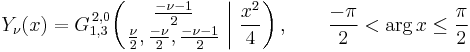  Y_\nu (x) = G_{1,3}^{\,2,0} \!\left( \left. \begin{matrix} \frac{- \nu - 1}{2} \\ \frac{\nu}{2}, \frac{-\nu}{2}, \frac{- \nu - 1}{2} \end{matrix} \; \right| \, \frac{x^2}{4} \right), \qquad \frac{-\pi}{2} < \arg x \leq \frac{\pi}{2} 