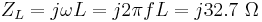 Z_L = j \omega L = j 2 \pi f L = j32.7 \ \Omega\,