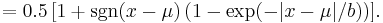 =0.5\,[1 %2B \sgn(x-\mu)\,(1-\exp(-|x-\mu|/b))].