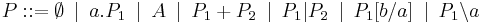 P�::= \emptyset\,\,\, | \,\,\,a.P_1\,\,\, | \,\,\,A\,\,\, | \,\,\,P_1%2BP_2\,\,\, | \,\,\,P_1|P_2\,\,\, | \,\,\,P_1[b/a]\,\,\, | \,\,\,P_1{\backslash}a\,\,\,