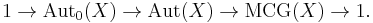 1 \rightarrow {\rm Aut}_0(X) \rightarrow {\rm Aut}(X) \rightarrow {\rm MCG}(X) \rightarrow 1.