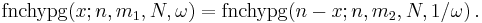 \operatorname{fnchypg}(x;n,m_1,N,\omega) = \operatorname{fnchypg}(n-x;n,m_2,N,1/\omega)\,.