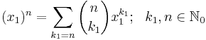 (x_1)^n = \sum_{k_1=n} {n \choose k_1} x_1^{k_1};\ \ k_1, n \in \mathbb{N}_0