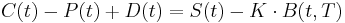  C(t) - P(t) %2B D(t) = S(t) - K \cdot B(t,T)\, 