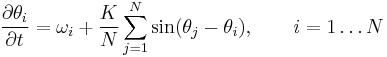  \frac{\partial \theta_i}{\partial t} = \omega_i %2B \frac{K}{N} \sum_{j=1}^{N} \sin(\theta_j - \theta_i), \qquad i = 1 \ldots N