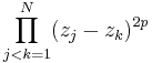 \prod_{j<k=1}^N(z_j-z_k)^{2p}  