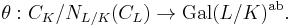  \theta: C_K/{N_{L/K}(C_L)} \to \text{Gal}(L/K)^{\text{ab}}. 