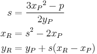 \begin{align}
 s &= \frac{3{x_P}^2 - p}{2y_P}\\
 x_R &= s^2 - 2x_P\\
 y_R &= y_P %2B s(x_R - x_P)
\end{align}