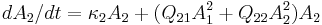 dA_2/dt = \kappa_2 A_2 %2B (Q_{21} A_1^2 %2B Q_{22} A_2^2) A_2