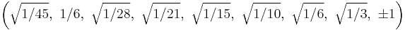 \left(\sqrt{1/45},\ 1/6,\ \sqrt{1/28},\ \sqrt{1/21},\ \sqrt{1/15},\ \sqrt{1/10},\ \sqrt{1/6},\ \sqrt{1/3},\ \pm1\right)