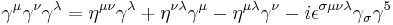 \displaystyle\gamma^\mu\gamma^\nu\gamma^\lambda = \eta^{\mu\nu}\gamma^\lambda %2B \eta^{\nu\lambda}\gamma^\mu - \eta^{\mu\lambda}\gamma^\nu - i\epsilon^{\sigma\mu\nu\lambda}\gamma_\sigma\gamma^5