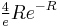  {\textstyle \frac{4}{e}} R e^{-R} 