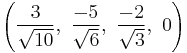 \left( \frac{3}{\sqrt{10}},\  \frac{-5}{\sqrt{6}},\ \frac{-2}{\sqrt{3}},\ 0   \right)