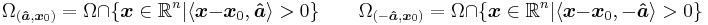 \Omega_{({\boldsymbol{\hat{a}}},\boldsymbol{x}_0)} = \Omega \cap \{\boldsymbol{x}\in\mathbb{R}^n|\langle\boldsymbol{x}-\boldsymbol{x}_0,{\boldsymbol{\hat{a}}}\rangle>0\} \qquad
\Omega_{(-{\boldsymbol{\hat{a}}},\boldsymbol{x}_0)} = \Omega \cap \{\boldsymbol{x}\in\mathbb{R}^n|\langle\boldsymbol{x}-\boldsymbol{x}_0,-{\boldsymbol{\hat{a}}}\rangle>0\} 