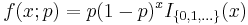 f(x;p)=p(1-p)^x I_{\{0,1,\ldots\}}(x)