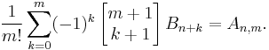  \frac{1}{m!}\sum_{k=0}^m (-1)^{k} \left[\begin{matrix} m%2B1 \\ k%2B1 \end{matrix}\right] B_{n%2Bk} = A_{n,m}. 