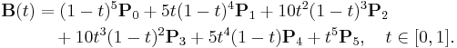 
\begin{align}
\mathbf{B}(t) & = (1-t)^5\mathbf{P}_0 %2B 5t(1-t)^4\mathbf{P}_1 %2B 10t^2(1-t)^3 \mathbf{P}_2 \\
& {} \quad %2B 10t^3 (1-t)^2 \mathbf{P}_3 %2B 5t^4(1-t) \mathbf{P}_4 %2B t^5 \mathbf{P}_5,\quad t \in [0,1].
\end{align}
