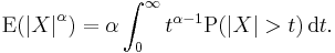  \operatorname{E}(\left|X \right|^\alpha) = \alpha \int_{0}^{\infty} t^{\alpha -1}\operatorname{P}(\left|X \right|>t) \, \operatorname{d}t.