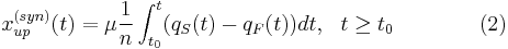 x_{up}^{(syn)}(t) = \mu \frac{1}{n} \int_{t_{0}}^{t} (q_{S}(t) - q_{F}(t)) dt,\ \ t \geq t_{0}\qquad\qquad(2)