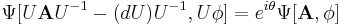 \Psi[U\mathbf{A}U^{-1}-(dU)U^{-1},U\phi]=e^{i\theta}\Psi[\mathbf{A},\phi]