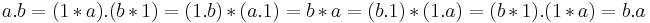  a.b = (1*a).(b*1) = (1.b)*(a.1) = b*a = (b.1)*(1.a) = (b*1).(1*a) = b.a \,