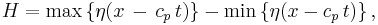 H = \max\left\{ \eta(x\,-\,c_p\,t) \right\} - \min\left\{ \eta(x - c_p\,t) \right\}, \, 