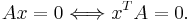 A x=0 \Longleftrightarrow x^{T} A=0.