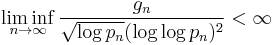 \liminf_{n\to\infty}\frac{g_n}{\sqrt{\log p_n}(\log\log p_n)^2}<\infty