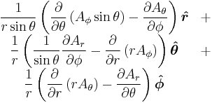 \begin{matrix}
  \displaystyle{1 \over r\sin\theta}\left({\partial \over \partial \theta} \left( A_\phi\sin\theta \right)
    - {\partial A_\theta \over \partial \phi}\right) \boldsymbol{\hat r} & %2B \\
  \displaystyle{1 \over r}\left({1 \over \sin\theta}{\partial A_r \over \partial \phi} 
    - {\partial \over \partial r} \left( r A_\phi \right) \right) \boldsymbol{\hat \theta} & %2B \\
  \displaystyle{1 \over r}\left({\partial \over \partial r} \left( r A_\theta \right)
    - {\partial A_r \over \partial \theta}\right) \boldsymbol{\hat \phi} & \ \end{matrix}