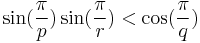 \sin(\frac{\pi}{p}) \sin(\frac{\pi}{r}) < \cos(\frac{\pi}{q}) 