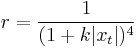 r=\frac{1}{(1%2Bk|x_{t}|)^4}