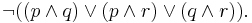 \neg((p\land q)\lor(p\land r)\lor(q\land r)).