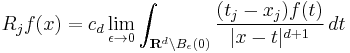 R_jf(x) = c_d\lim_{\epsilon\to 0}\int_{\mathbf{R}^d\backslash B_\epsilon(0)}\frac{(t_j-x_j)f(t)}{|x-t|^{d%2B1}}\,dt